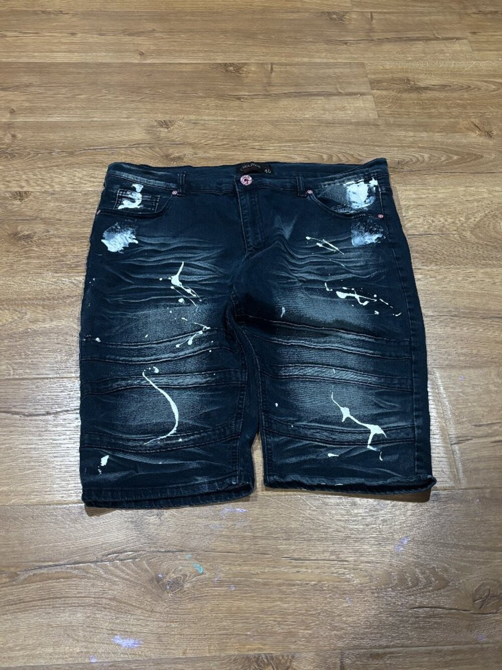 Demoliton Brand Leather Tag Dark Blue Faded Wash Paint Splatter Denim Blue Jorts